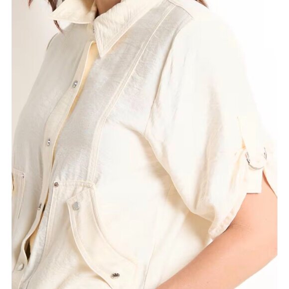 DKNY Utility Jacket Top Coconut Cream Short Sleeve Drawstring Hem NWT M - Picture 3 of 5